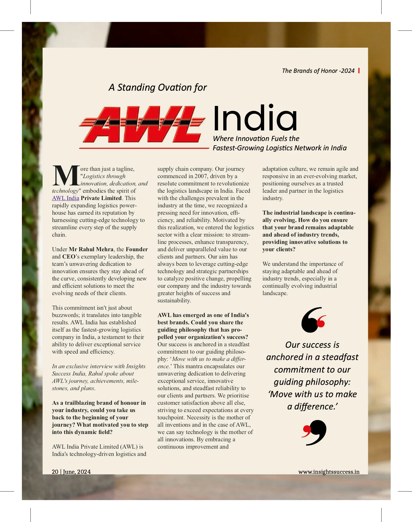 AWL India Shines Bright in Insight Success Magazine: A Testament to Innovation and Leadership in Logistics